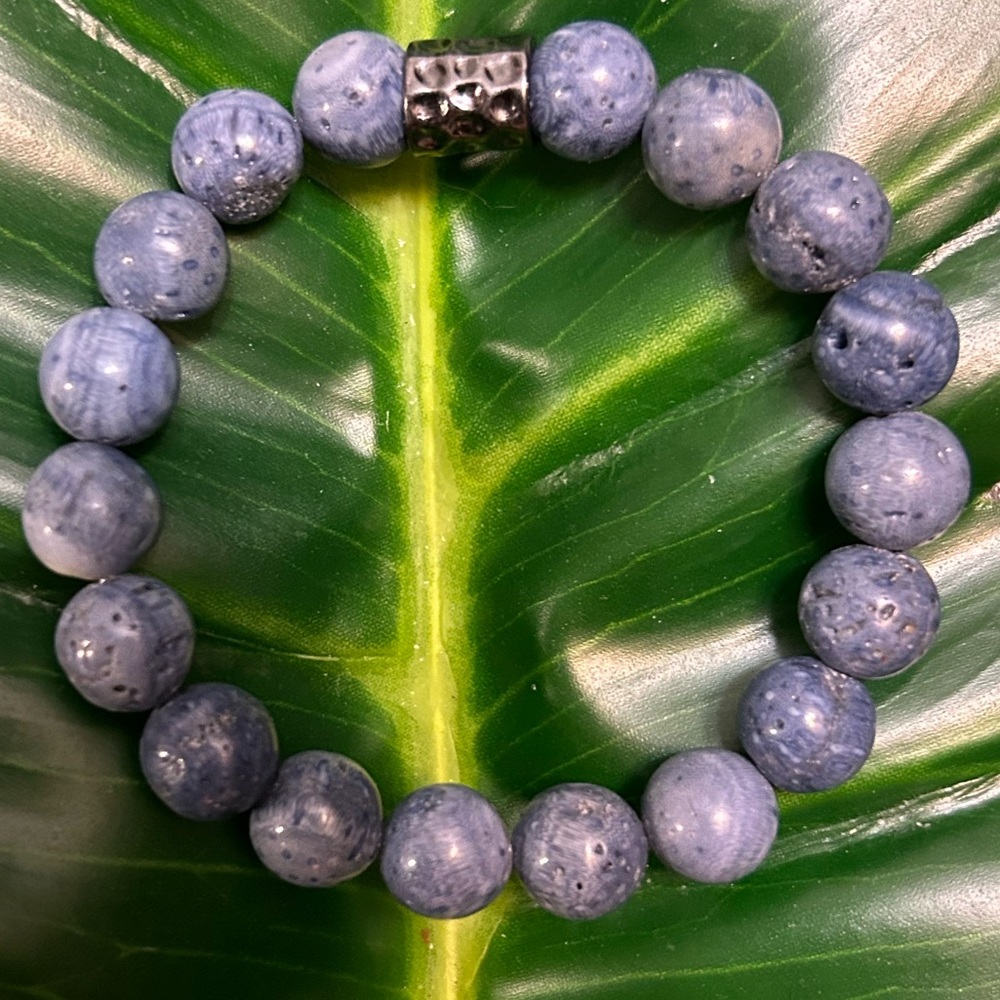 blue fossil chunky 10mm handmade beaded bracelet